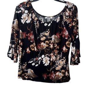 Chic Floral Women's Blouse in Black and Brown